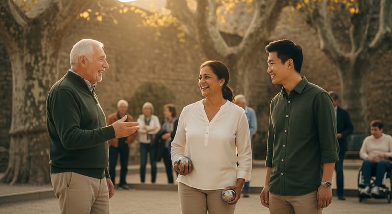 Three friends sharing a laugh during a pétanque game in a Provençal square at golden hour