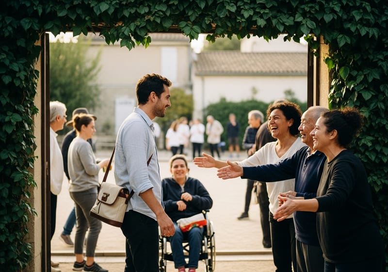 A new member being welcomed at the entrance of a pétanque club by existing members