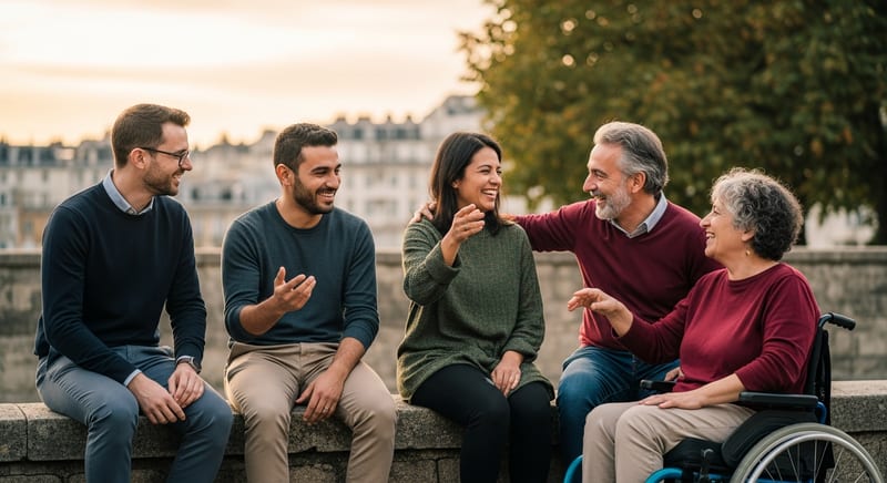 Four people of mixed backgrounds sharing laughter in an affiliate partnership moment