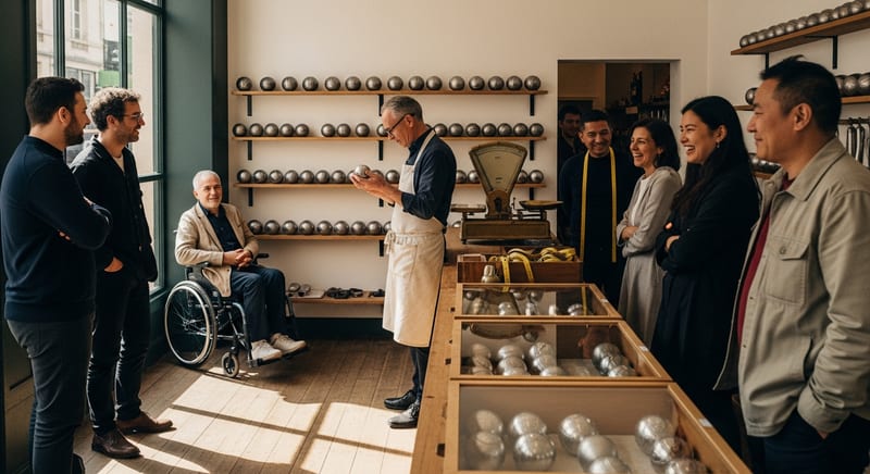 A shopkeeper in an apron examining a pétanque boule in a small artisanal boutique with shelves of varied boules behind