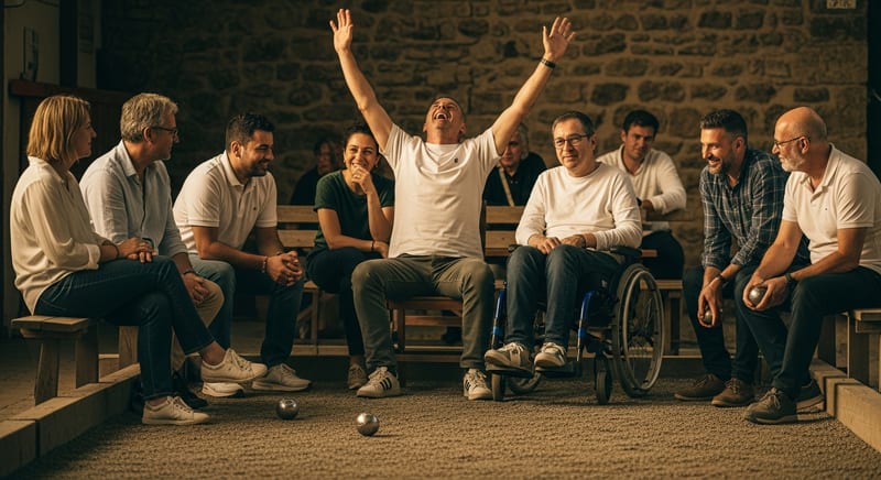 Club members of mixed ages gathered around a pétanque piste sharing a laugh