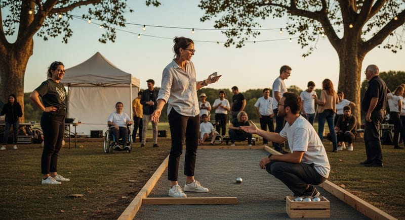 An event organiser in mid-conversation gesturing across a half-built pétanque event with string lights overhead at golden hour