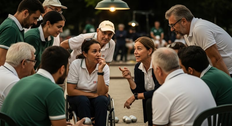 A group of diverse players in thoughtful conversation at a federation tournament at dusk