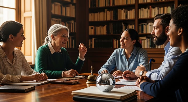 Diverse delegates in warm conversation around a mahogany table in a wood-panelled meeting room, a boule resting on the documents