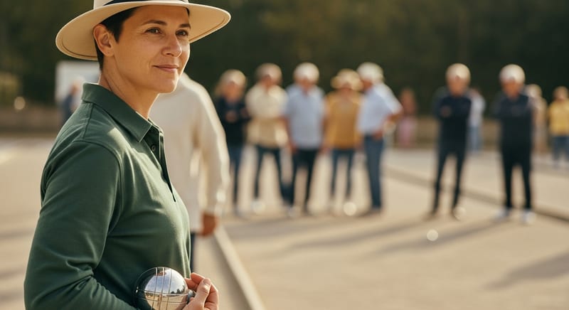 A quiet profile portrait of a pétanque player holding a boule in soft afternoon light