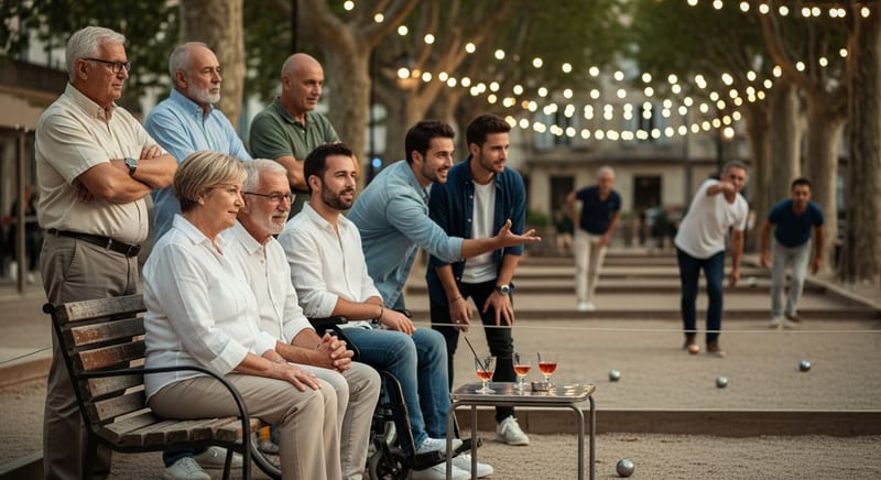 Spectators leaning forward on a wooden bench watching a pétanque match at evening, string lights and plane trees above