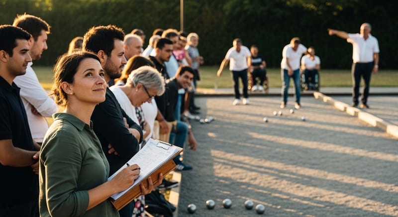 A tournament director with a wooden clipboard glancing up from the draw, players on the piste in soft focus behind