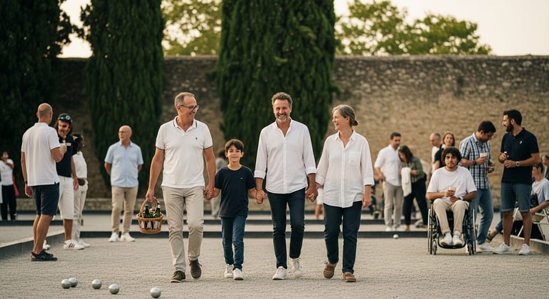 A family arriving at a pétanque venue in late afternoon, welcoming atmosphere